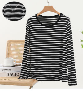 Casual round Neck Long Sleeve T-Shirt Modal Striped Chest Pad No Bra Large Size Loose Fit Versatile T-Shirt for Women