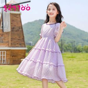Girls Short Sleeve Princess Dress Sand Beach Long Skirt Childrens Clothing Casual Style Viscose Fiber A-Line Skirt round Neck