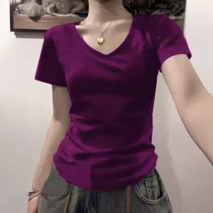 Slim Fit V-Neck Short Sleeve T-Shirt Womens Fashion Design Casual Comfortable Top Grey Floral Print Regular Style Spring 2025