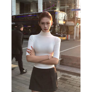 French Elegant White Simple Harajuku Style Versatile Semi-High Collar Mid-Sleeve T-Shirt Women Summer Waist-Cinching High-End Feeling Top
