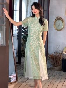 daidai (Ready Stock) Women Cheongsam Cheong Sam Qi Pao CNY Green Traditional Dress 改良蕾丝奥黛旗袍年新款年轻少女款复古风新中式气质高端优雅