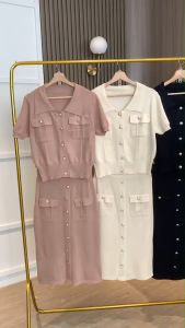 SET7360 Clement Gold Buttons Knit Set Top Skirt