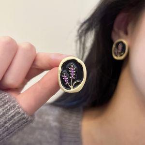 French Vintage Lavender Enamel Earrings Unique Design Simple Artistic Flower Ear Jewelry Clip-On for Women Fashion Accessories
