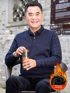 Thickened Fleece Winter Knitwear for Middle-Aged Men Business Casual Style Long Sleeve Crew Neck Sweater Warm Red Lucky Year