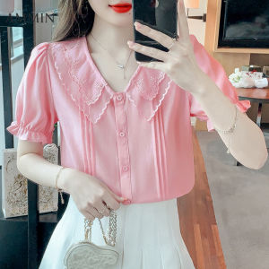 เสื้อเบลาส์แขนพองคอปกปักสองชั้นสไตล์เกาหลีเสื้อเบลาส์กระดูมแถวเดียวแขนสั้นเสื้อเบลาส์หรูหราสำหรับเสื้อชีฟูหญิงฤดูร้อน