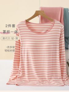 Womens Long Sleeve Striped Sleepwear Set Large Size Modal Home Clothes Outdoor Wearable Autumn Season round Neck Home Comfortable