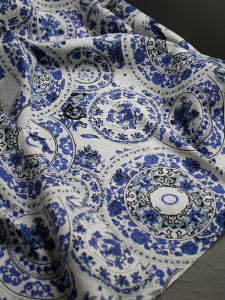 New Chinese Style Retro Blue Porcelain Texture Cotton Linen Fabric High End Cheongsam Hanfu Designer Material Home DIY