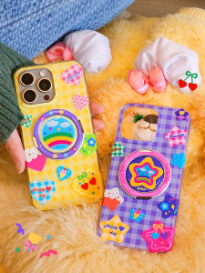 ASADSTUDIO Double Layer Protective Phone Case with Stand One Sad Shop Purple Starry Sky Pudding Heart Grid Design for  16Promax15