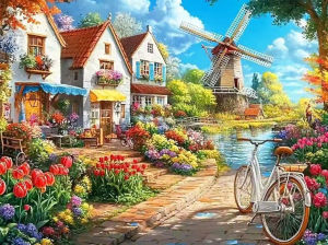 Huacan Full Square Round Diamond Painting Windmill Tulip Town Diamond Embroidery Landscape Complete Kit Handmade Gift