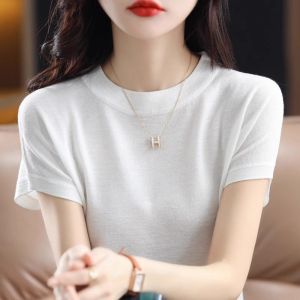 WANGGONGZHU | Ice Silk Short Sleeve Knitted Top Womens Summer Fashion Bright Thread T-Shirt Slimming Stylish Round Neck Casual Loose Fit