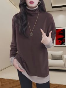 Fake Two-Piece Turtleneck Long Sleeves Bottoming Shirt Womens Winter New Arrival Colorblock Mid-Length Minimalist Fashion Loose All-Matching Top