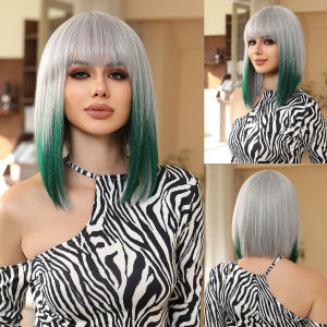 วิกผมตรงปานกลางสีเงินสีเทาออมเบรวิกผมสังเคราะห์สีเขียวสำหรับผู้หญิงวิกผมคอสเพลย์สั้นผมฮาโลวีนมีผมม้าดูเป็นธรรมชาติ