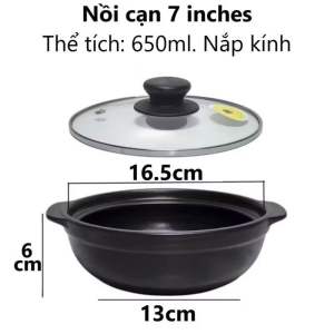 Nồi đất sứ loại 1 tráng men chống dính - Có nắp kính cạn lòng - Kho cá thịt mì cay cơm niêu dung tích 650ml