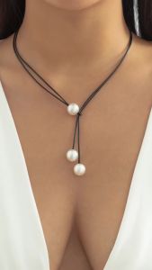IngeSight.Z Punk Black Leather Cord Wax Rope Chain Necklace for Women Gothic Three Pearl Pendant Adjustable Necklaces Jewelry