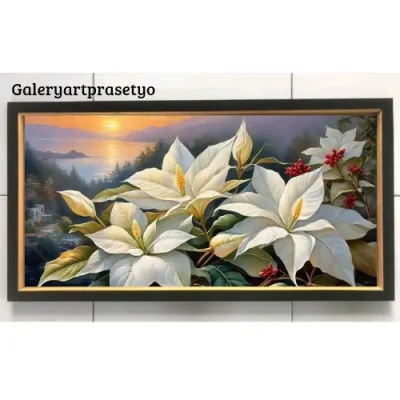 Hiasan dinding lukisan cetak Bunga indah mekar plus bingkai ukuran 100x50cm