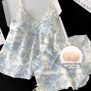 DAISONG | Summer Padding Included Traditional Chinese Style Sleepwear for Large Size Women