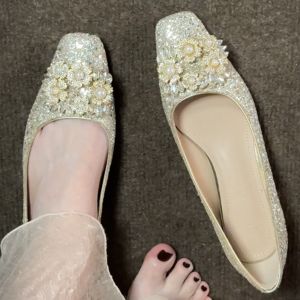 French Sequin Square Head Flat Heel Wedding Shoes Crystal Bride Single Shoes Women Fashionable Sweet Diamond Embellished Flat Footwear