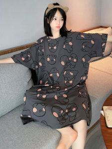 Cute Rabbit Short Sleeve Sleep Dress plus Size Pure Cotton Mid-Length Summer Home Clothes Womens Sleepwear Comfortable Casual