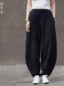 กางเกงลำลองชายผ้าฝ้ายลินินฤดูร้อนปี 2025 กางเกงขายาวทรงหลวมไซส์ใหญ่ กางเกงขายาวทรงหลวมสีพื้น กางเกงขายาวลำลองสำหรับวัยรุ่น