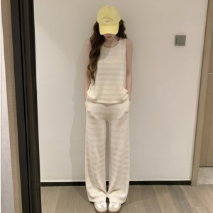 YUEZHONGWEI | Summer White Knitted Vest and Wide Leg Pants Two-Piece Set