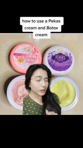 PEKAS CREAM BOTOX WHITENING CREAM DAY & NIGHT and SUNBLOCK CREAM BY CAPADOSA BEAUTY PRODUCTS Effective product for melasma freckles dark spots & anti-aging. Contains lemon juice extract that promotes a healthy and glowing skin