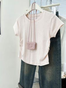 Pink Pleated Waist Short Sleeve T-Shirt Womens Summer New Design Sensation Small Audience Body T-Shirt Short Top