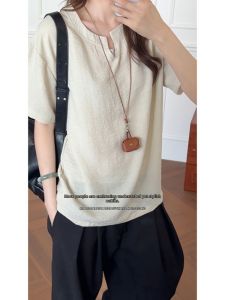 JIARONG | Luxurious Retro Style V-Neck Linen T-Shirt