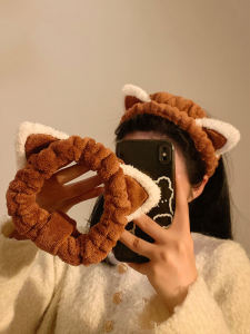 Brown Cat Ears Stuffed Face Wash Headband Female Cute Apply a Facial Mask Makeup Special Hair-Hoop Headband Fall and Winter