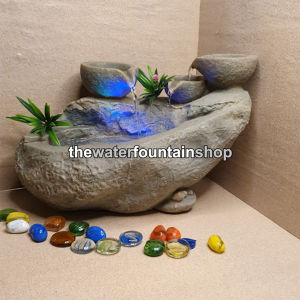 Indoor Desktop Rocky Three Bowl Water Fountain With LED Light For Tabletop