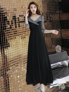 Elegant Long Black Evening Gown Womens Empowerment Queen 2025 New Model Daily Wear Lace V-neck Drinking Dress Dress