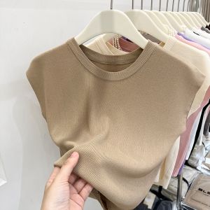 เสื้อยืดผ้าไหมน้ำแข็งสำหรับผู้หญิง แขนสั้น ทรงเข้ารูป ฤดูร้อน 2024 เสื้อยืดคอกลมแขนกุด แฟชั่นลำลอง สวมใส่สบาย