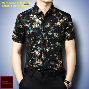 Menstiakon | Icy Silk Gold Foil Print Mens Casual Shirt