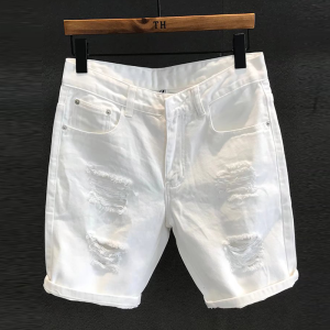 Summer White Ripped Denim Shorts Mens Korean Style Slim Fit Elastic Five-Quarter Horse Pants Trendy Versatile Mid-Length Jeans