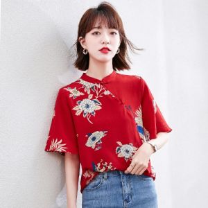 Retro Style Womens Shirt Stand Collar Chiffon Red Qipao Top Summer New Arrival Vintage Print Floral Short Sleeve Blouse