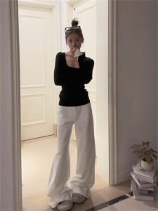 กางเกงยีนส์ทรงหลวมเอวสูงสไตล์อเมริกันสำหรับผู้หญิง กางเกงขายาวทรงหลวมขาบาน ทรงเข้ารูป ทรงเข้ารูป กางเกงยีนส์ทรงเข้ารูป