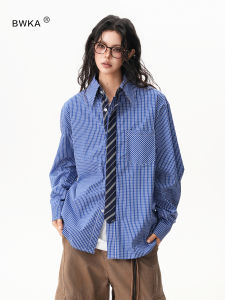 BWKA | Plaid Long Sleeve Shirt with Faux Collar 2-in-1 Design