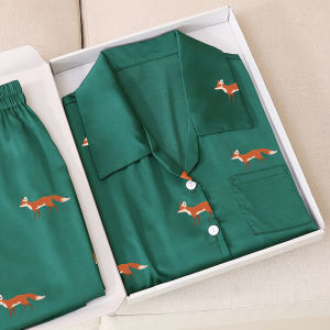 Ouyang Nana Same Pajamas Couple Spring and Autumn Ice Silk Long Sleeve Dark Green Fox Men and Women Star Home Wear Summer
