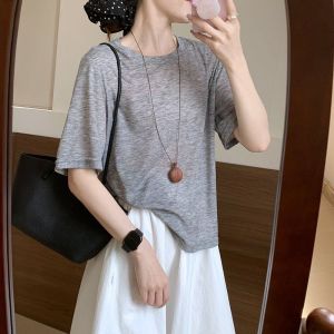 Áo Thun Tay Ngắn Mỏng Màu Hoa Xám Cổ Tròn Dáng Rộng Mùa Hè Cho Nữ Áo Thun Tay Lửng Ôm Vừa Vặn Thời Trang Thường Ngày