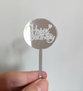 Cake Topper Mini Happy Birthday Cupcake Topper Bulat Tangkai Tag Akrilik Mirror Ulang Tahun