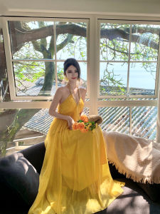 French Elegant Yellow V-Neck Hanging Neck Dress Fairy Beach Vacation Super Fairy Long Skirt Summer High Waist A-Line Dress