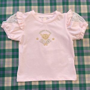 Sweet Cartoon Print Short Sleeve T-Shirt for Baby Girls Mesh Bubble Sleeve Base Shirt Summer Cotton Polyester Breathable Sweat Absorbent