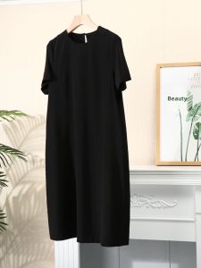 High-End  Silk Dress Knee-Length New Chinese Style Womens Summer Fashion round Neck A-Line Midi Dress Short Sleeve