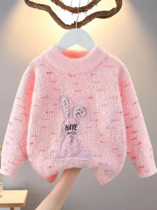 Furry Squirrel Velvet Fleece round Neck Pullover Baby Girls Knitted Sweater Cartoon Design Warm Soft Comfortable Kids Fashion