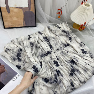 Retro Pleated Floral Skirt for Women Fall and Winter Thickened Slimming Elegant Drape Large Hem A- line Dress