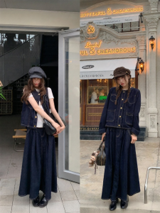 NIHAOKANONG | Bộ 3 Món Váy Áo Ghi Lê Áo Khoác Denim Phong Cách Vintage Cho Nữ Mùa Thu