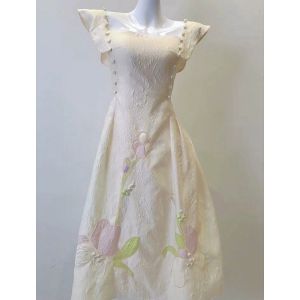 ชุดราตรีผ้าฝ้ายผสมสุดหรูสำหรับงานปาร์ตี้วันเกิด ชุดแต่งงาน ชุดราตรี แขนกระดิ่ง กระโปรงทรงเอ เอวสูง แขนสั้น ฤดูใบไม้ผลิ 2024