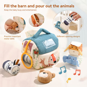 Baby Montessori Toy Plush Barn with Farm Animals Musical Touch Sensory Toys Portable Baby Farmhouse Cognition Toy for Infants