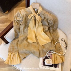 Gray Original Single Butterfly Knot Belted Shirt Womens Fall High-End Bell Sleeve Embroidered Top Straight Tube Bubble Sleeve