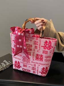 Túi Đeo Vai Lớn Màu Đỏ Thêu Họa Tiết Tre Cho Đám Cưới Túi Tote Túi Đeo Vai Mềm Túi Đeo Vai Vải Canvas Túi Đeo Vai Thường Ngày
