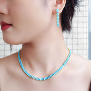 SEQUITO Gorgeous Women Jewelry Set Gold Plated Paved Setting Blue AAA Baguette Cut Cubic Zircon Fashion Banquet Earrings Necklace SJ400